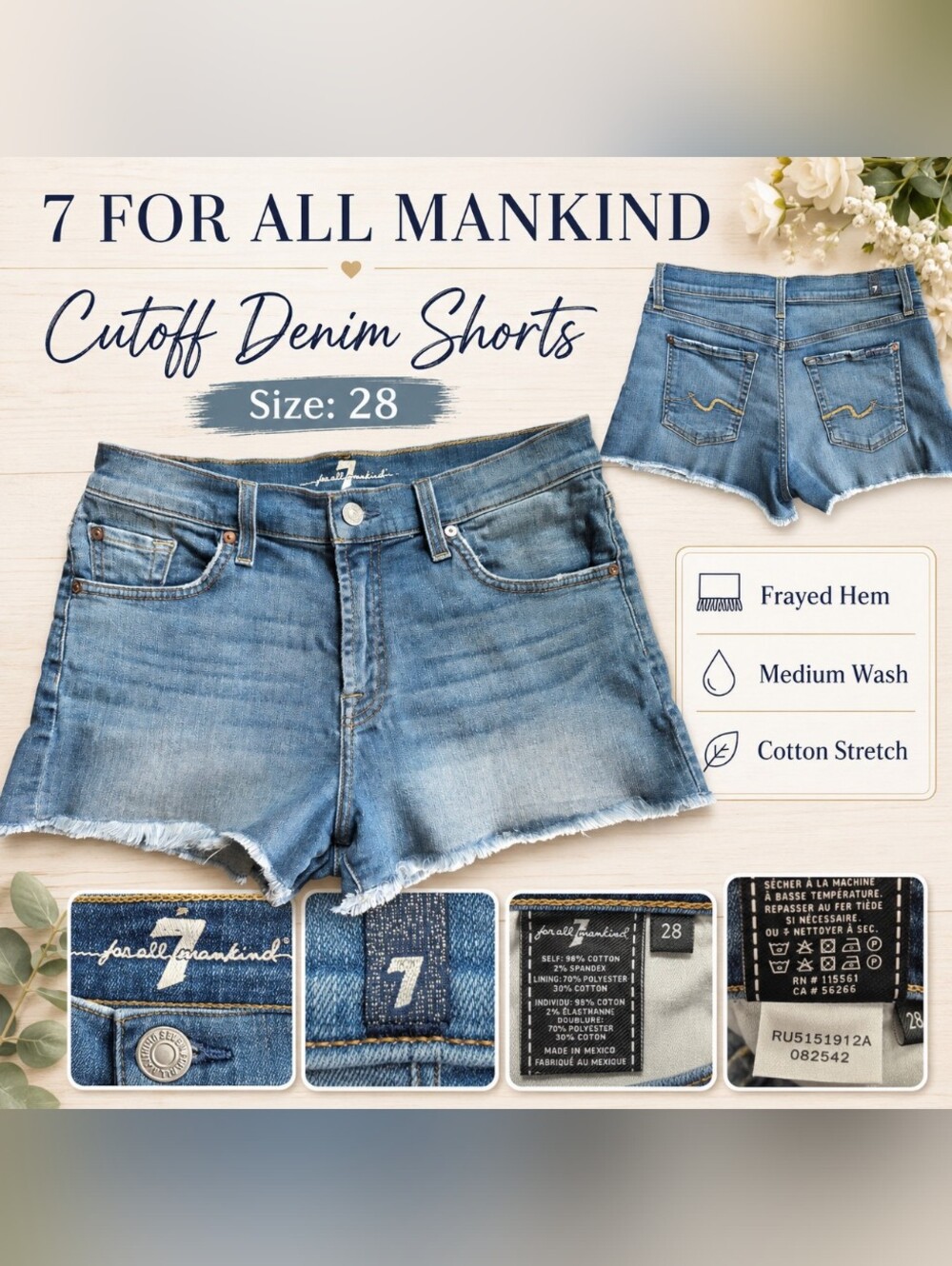 7 For All Mankind Light Blue Frayed Hem Denim Shorts Size 28